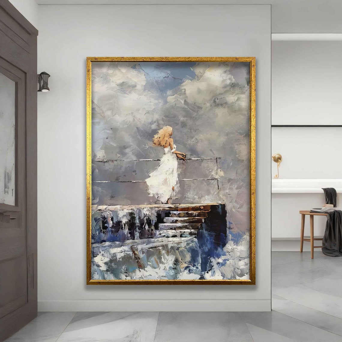 Woman Snat Watching The Sea Lonely Woman Print Woman In The Sea In White Dress Poster - Image 3