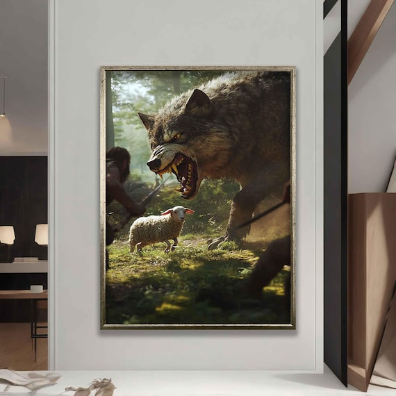 Jesus Rushing To Save Lamb From Snarling Wolf Green Forest Poster