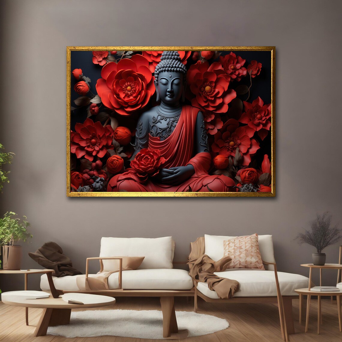 Dark Buddha Statue Red Paper Flowers Spiritual Zen Meditation Poster - Image 2
