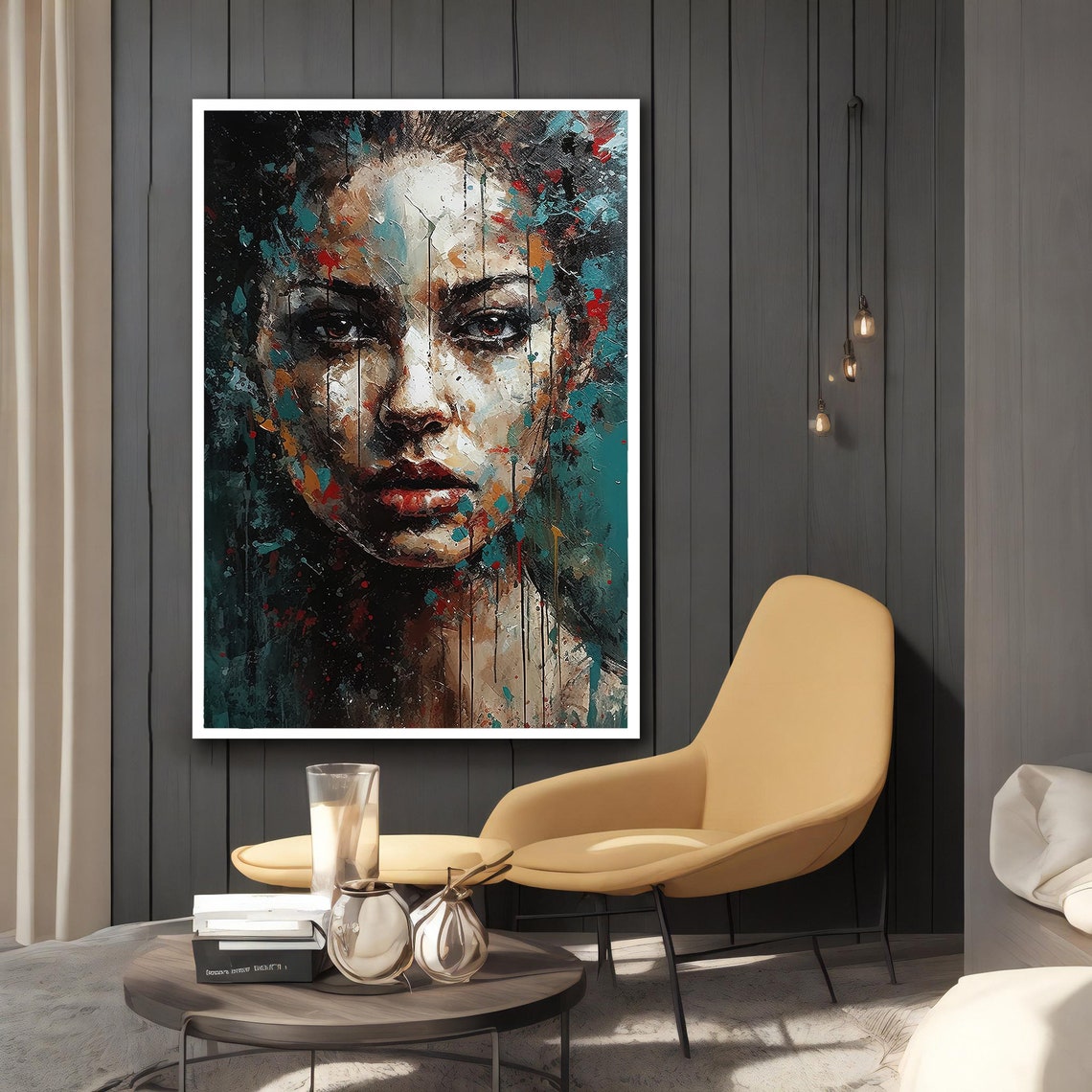 Abstract Woman Face Paint Drips Teal Dark Modern Portrait Poster - Image 2