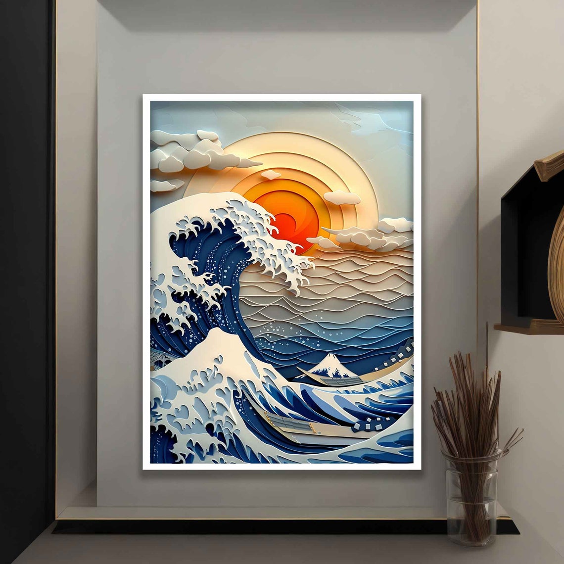 Great Wave Off Kanagawa 3D Paper Quilling Sunset Mount Fuji Art Poster - Image 4