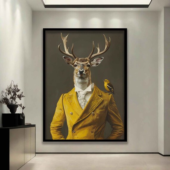 Regal Stag Mustard Yellow Suit Small Bird On Shoulder Surreal Art Poster