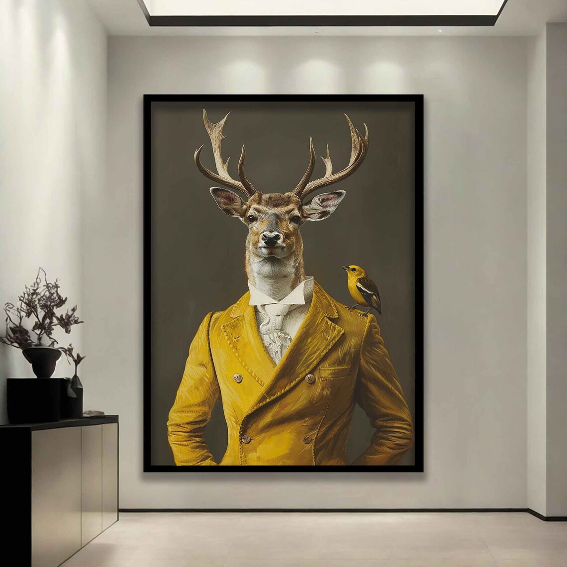 Regal Stag Mustard Yellow Suit Small Bird On Shoulder Surreal Art Poster