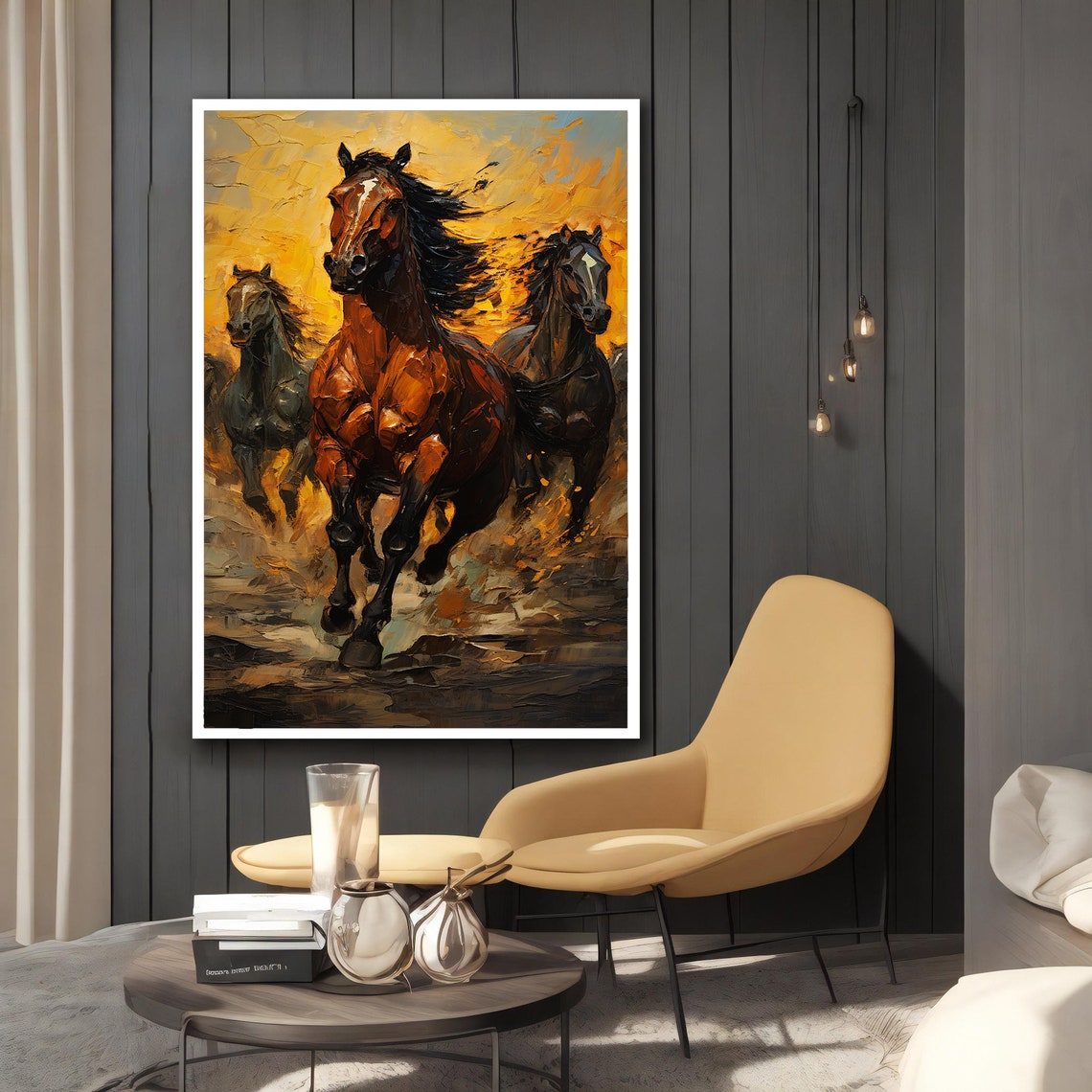 Three Horses Galloping Golden Fiery Sky Dramatic Oil Art Poster - Image 3