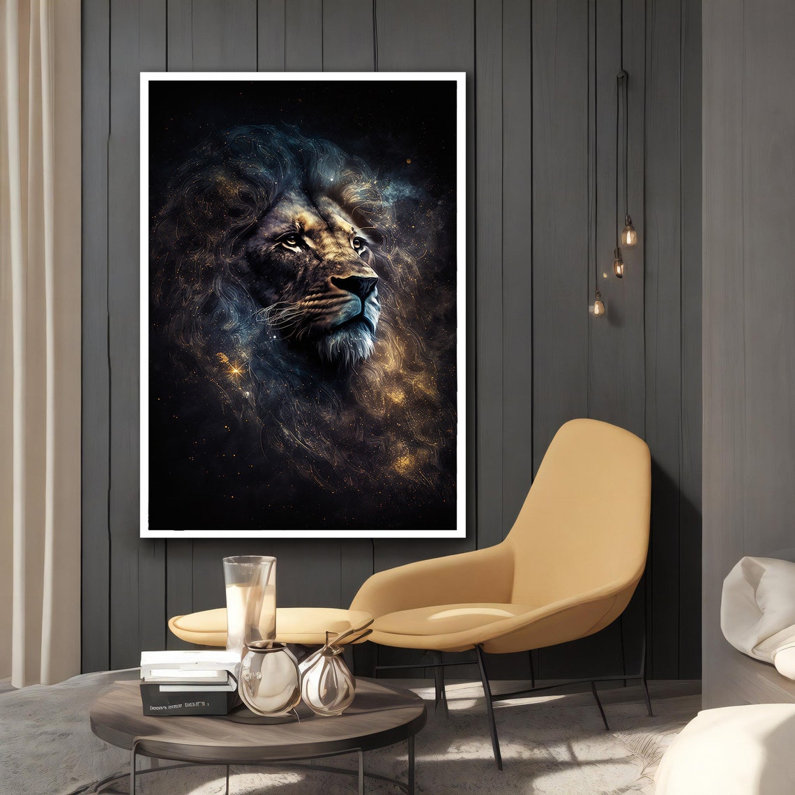 Majestic Lion Head Cosmic Galaxy Stars Dark Elegant Art Poster - Image 2