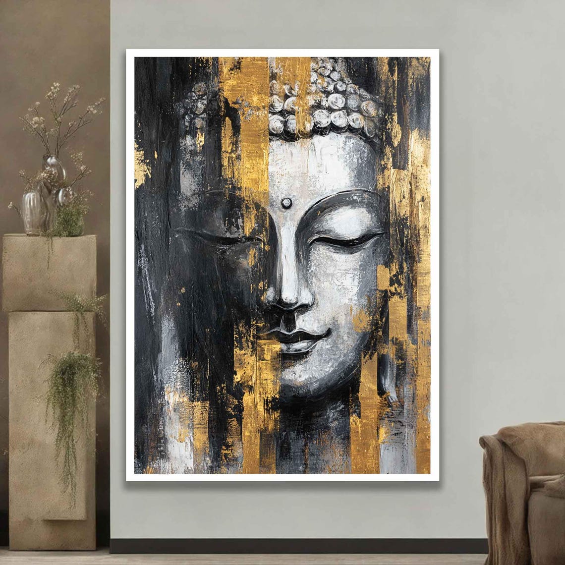 Split Buddha Face Black Gold White Textured Zen Meditation Art Poster - Image 3
