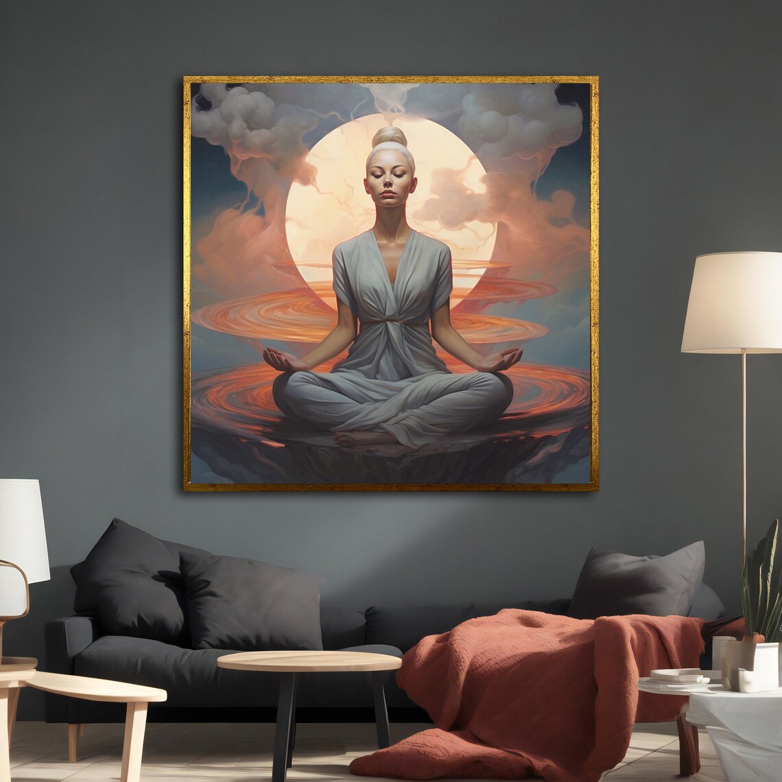 Meditating Woman Sunset Moon Sky Serene Yoga Zen Spiritual Wall Art - Image 2