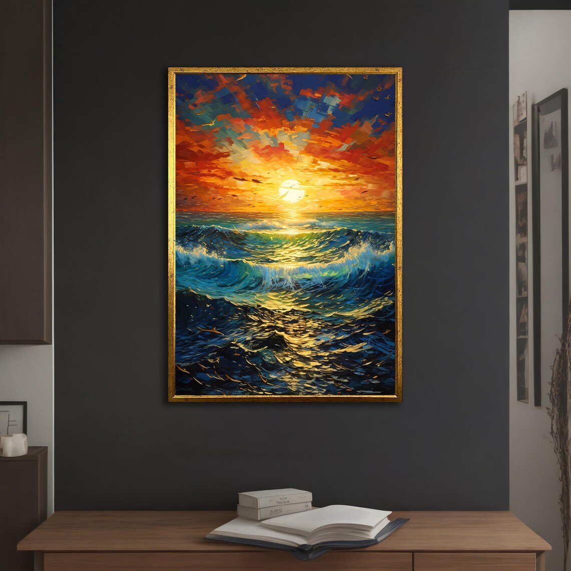 Ocean Sunset Golden Sun Rolling Waves Seascape Oil Painting Poster - Image 5