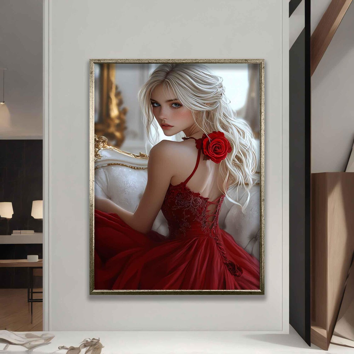 Blonde Woman Red Rose Gown Romantic Portrait Looking Back Elegant Art Poster - Image 5