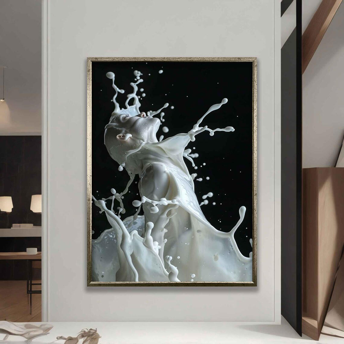 White Milk Splash Woman Silhouette Striking Black Background Art Poster - Image 5