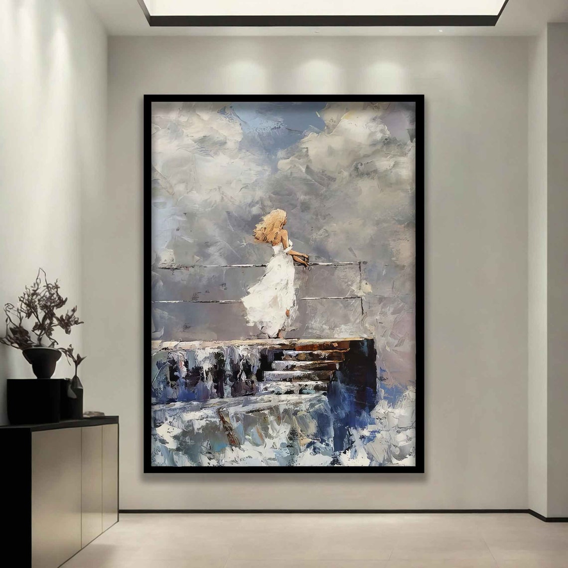 Woman Snat Watching The Sea Lonely Woman Print Woman In The Sea In White Dress Poster