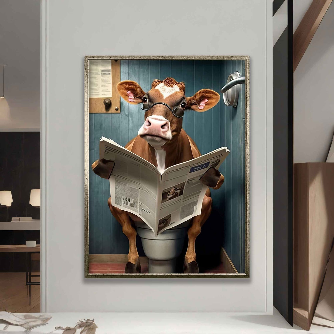 Painting Of A Cow Reading The Newspaper On The Toilet Funny Cow Painting Cow Poster Pop Art Cow Art - Image 5