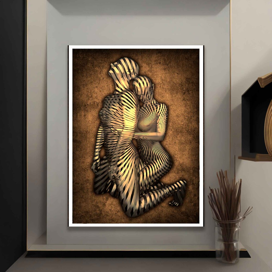 Bronze Abstract Embracing Couple Sculpture Love Golden Wall Art - Image 5