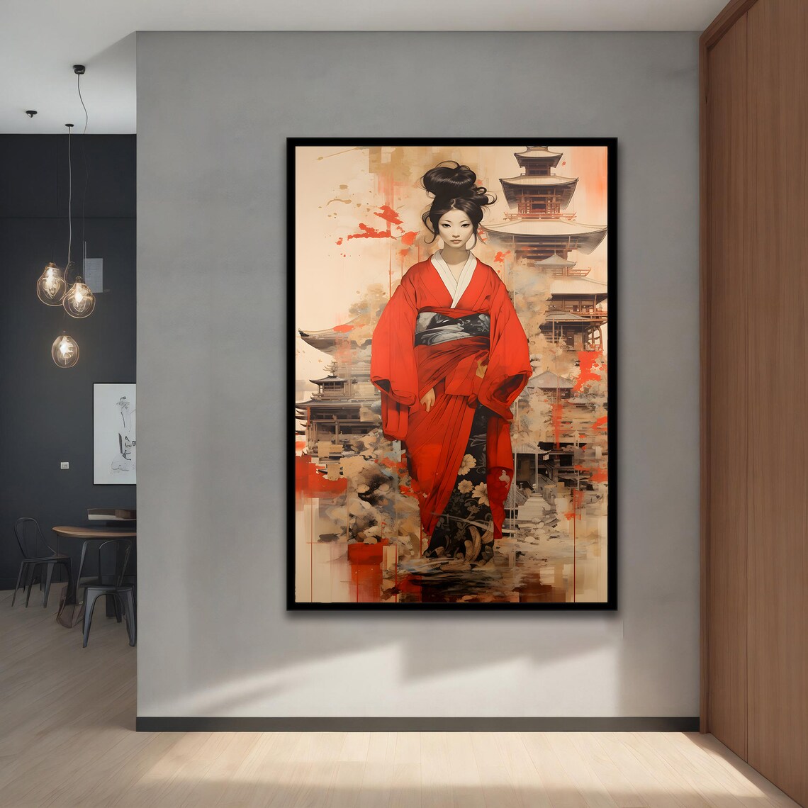Japanese Geisha Red Kimono Pagoda Watercolor Traditional Art Poster