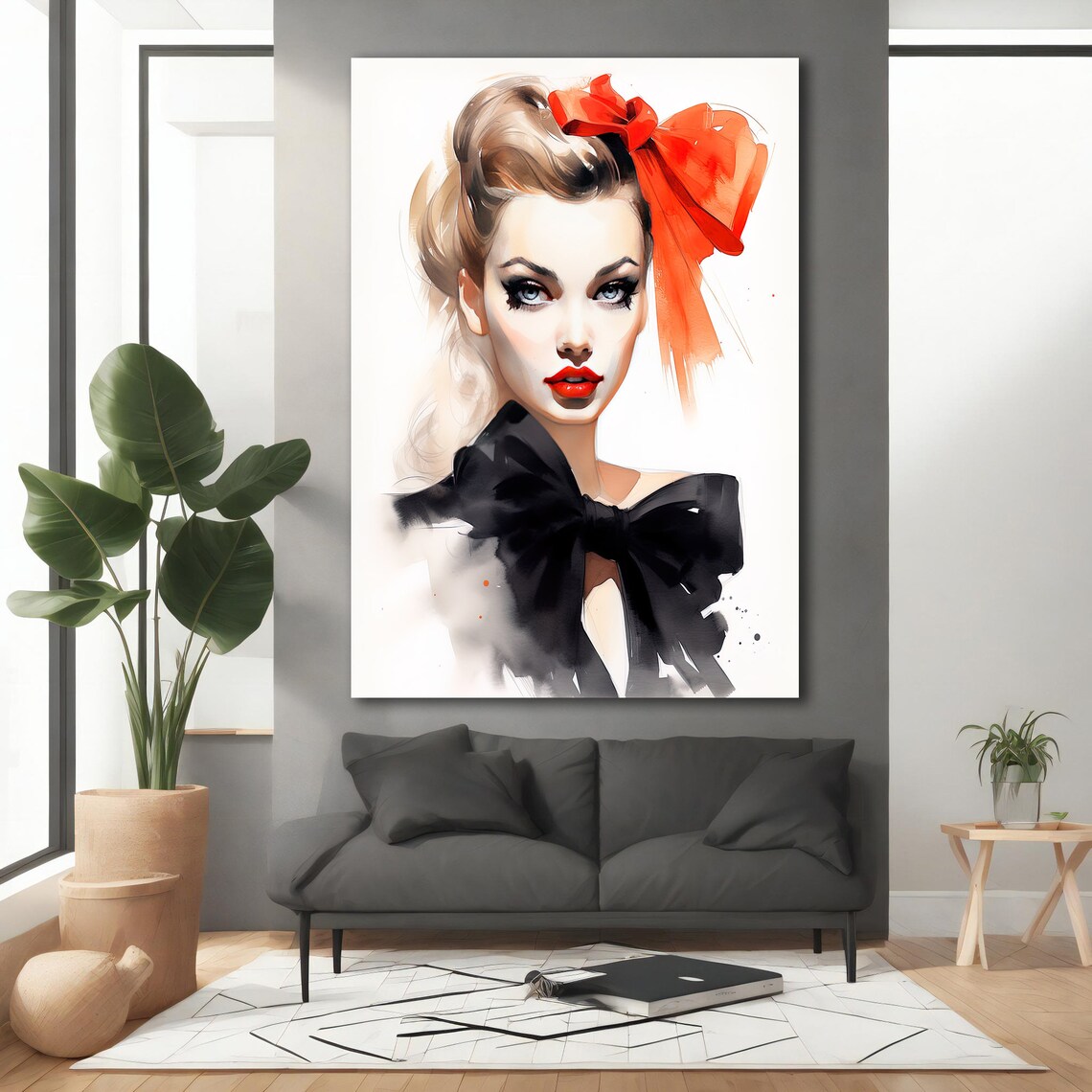 Woman with Red Bow Watercolor Portrait Elegant Fashion Art Poster - Image 2