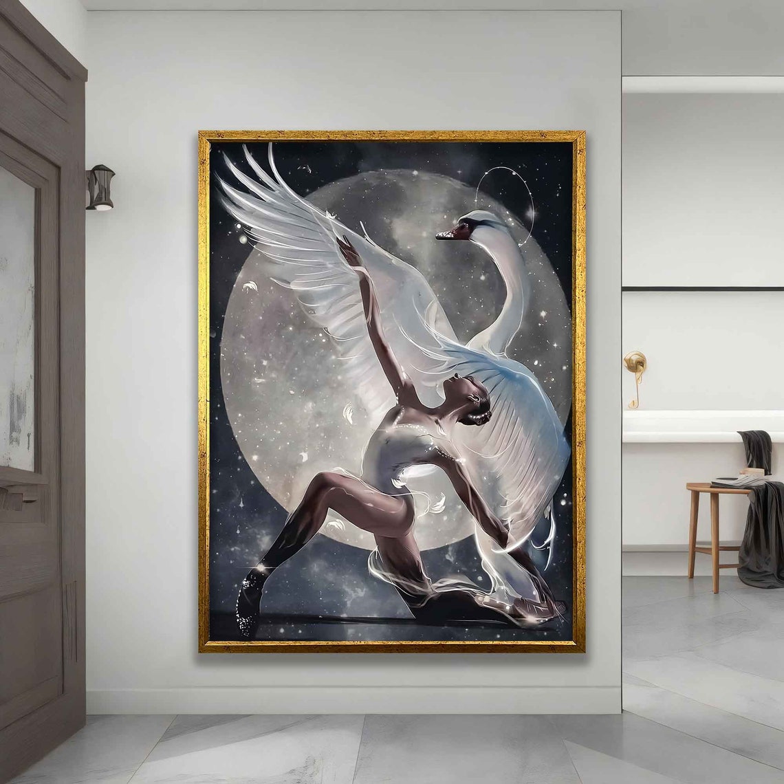 Ballerina Swan Dancer Under Full Moon Night Sky Ballet Art Poster