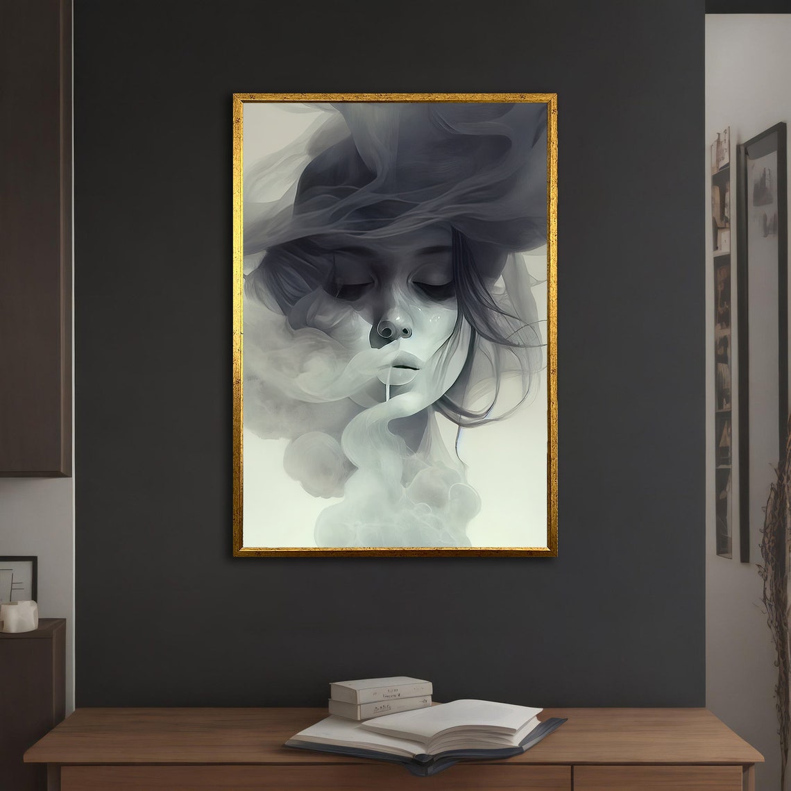 Woman Face Dissolving in Smoke Dreamy Black White Art Wall Poster - Image 5