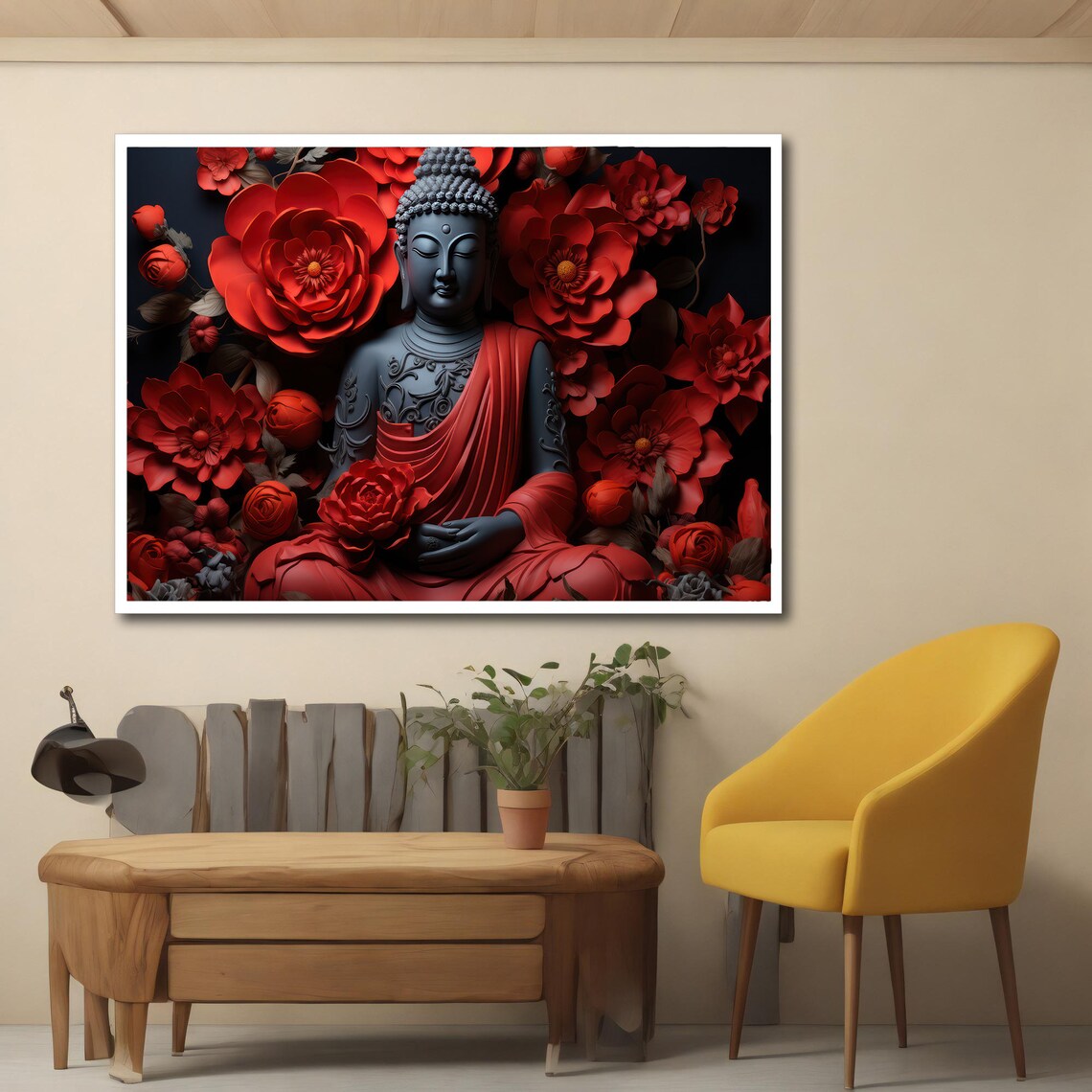 Dark Buddha Statue Red Paper Flowers Spiritual Zen Meditation Poster - Image 4
