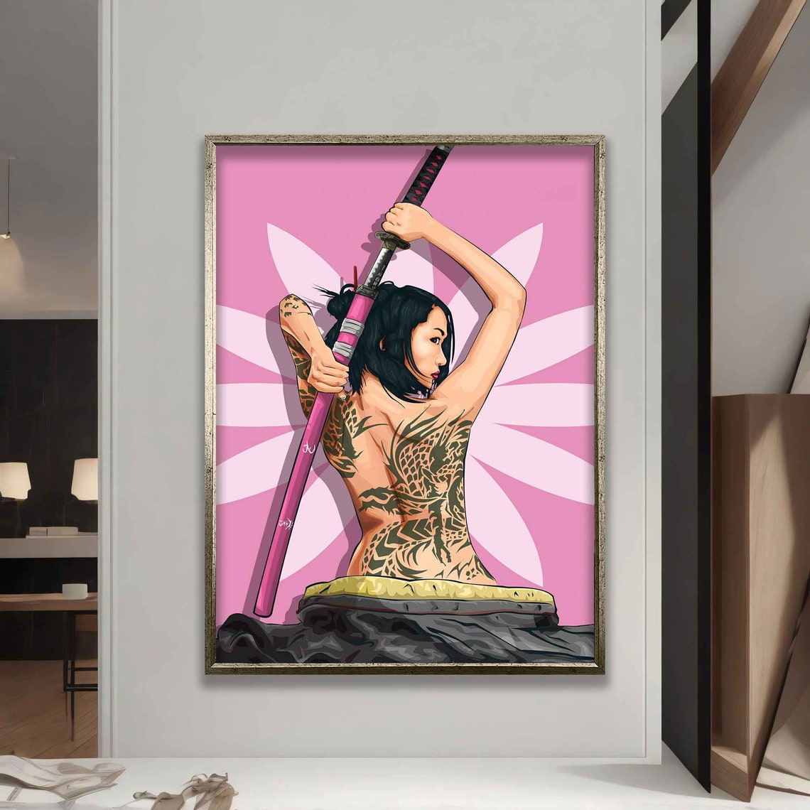 Japanese Geisha Warrior with Katana Pink Pop Art Wall Poster - Image 5