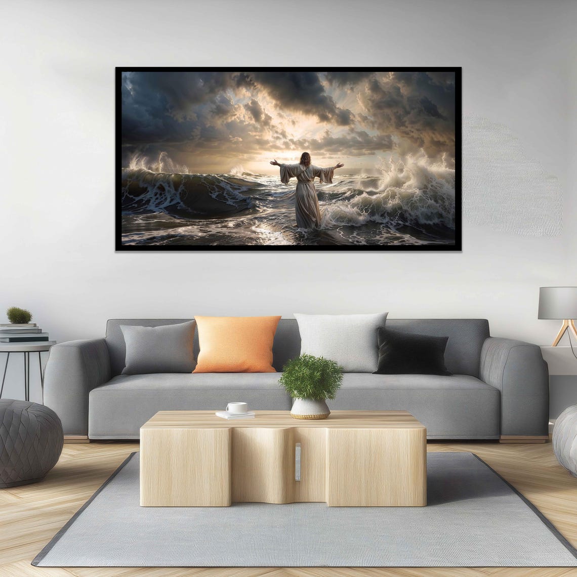 Jesus Calming Stormy Ocean Waves Arms Open Dramatic Sunset Art Poster - Image 5