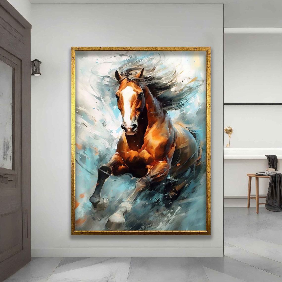 Running Chestnut Horse Flowing Mane Dynamic Splash Art Wall Poster - Image 3