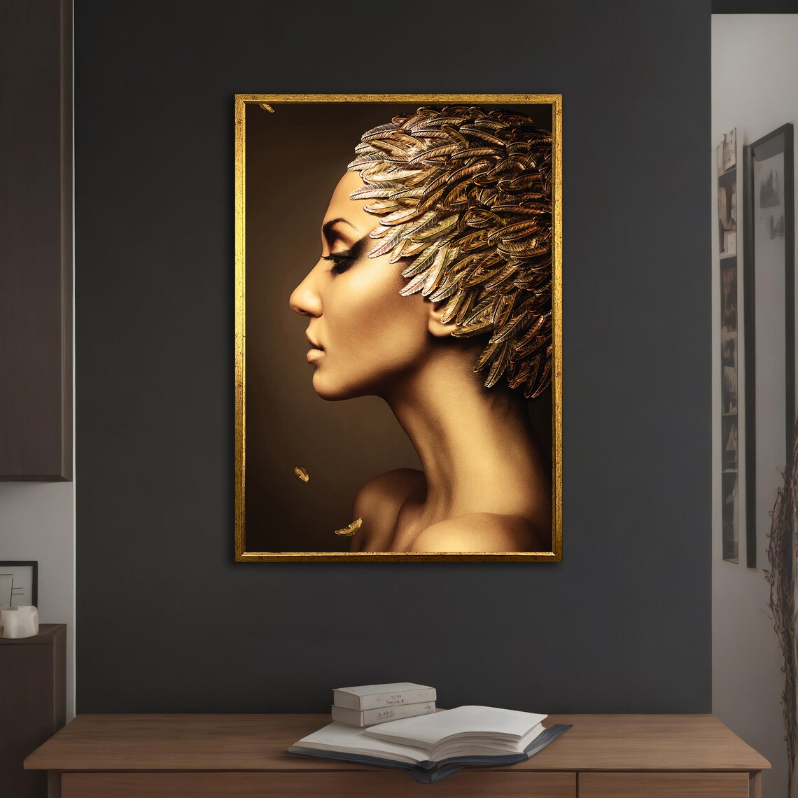 Golden Feather Woman Profile Portrait Luxurious Brown Black Wall Art Print - Image 5