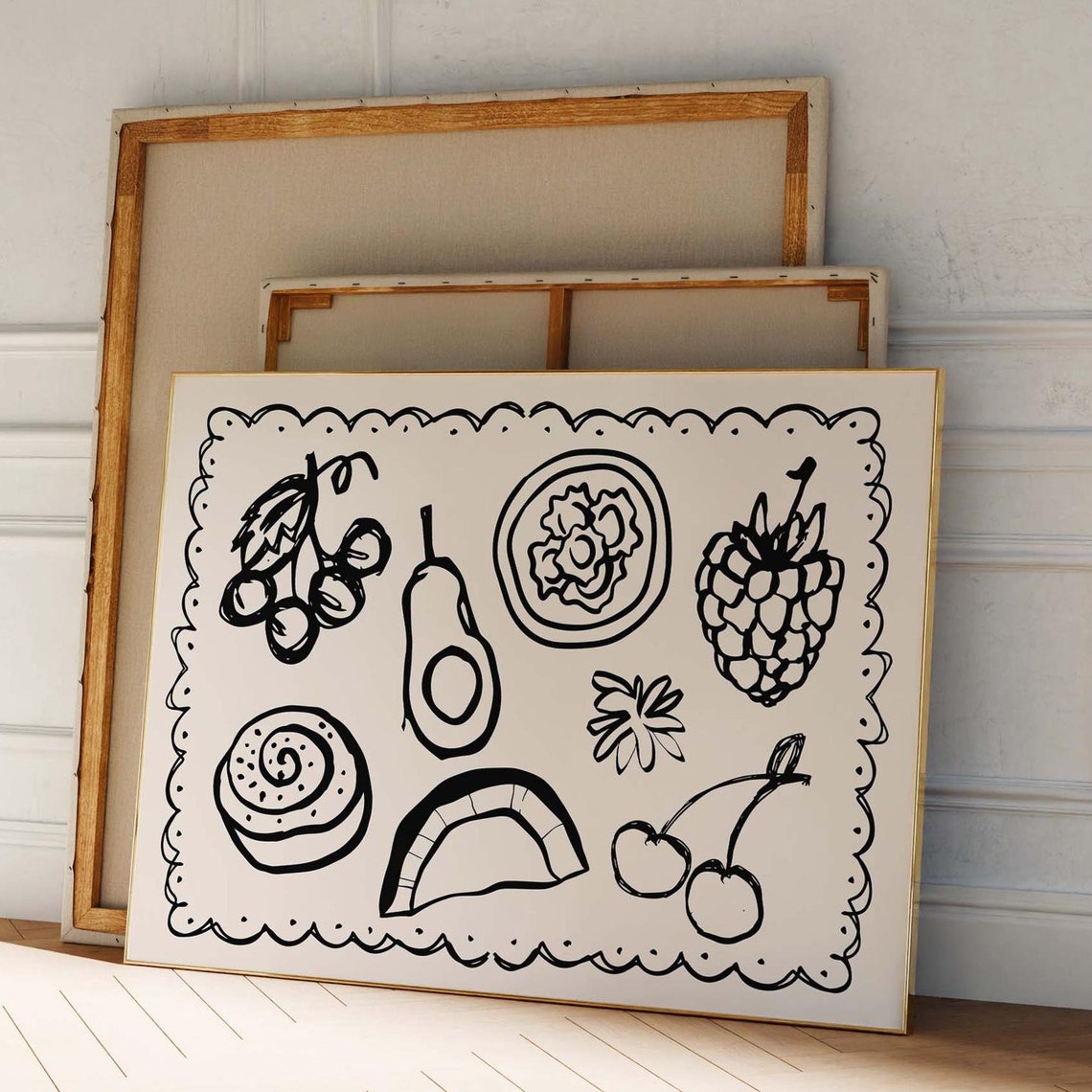 Hand Drawn Food Illustrations Scalloped Border Retro Kitchen Poster