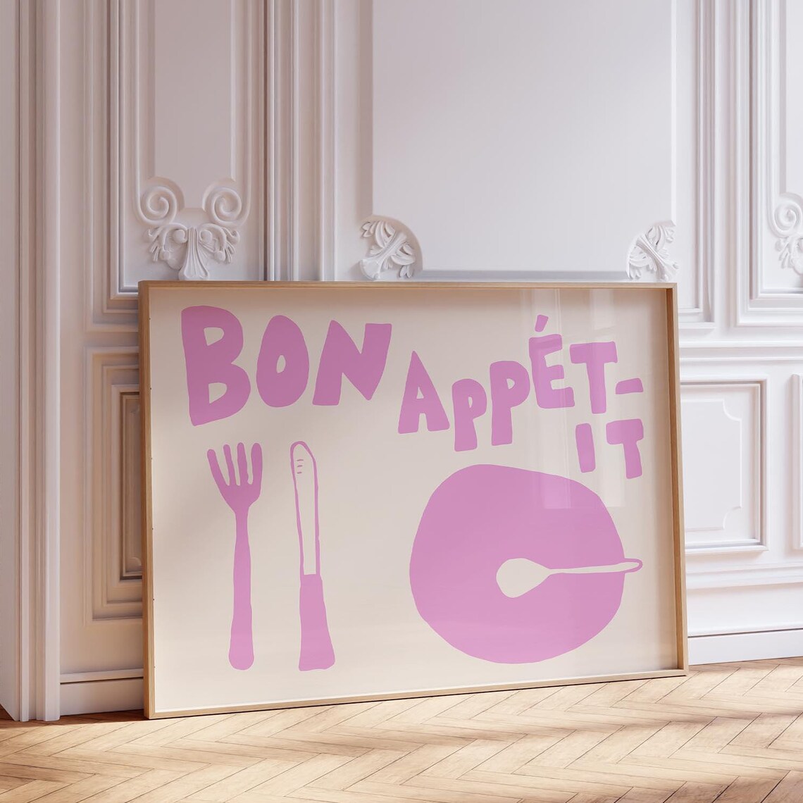 Bon Appetit Pink Kitchen Doodle Fork Knife Plate Fun Foodie Poster