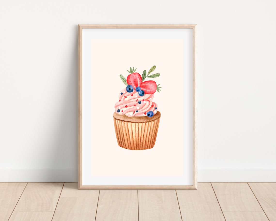 Watercolor Cupcake Art Print, Nursery Kitchen Decor