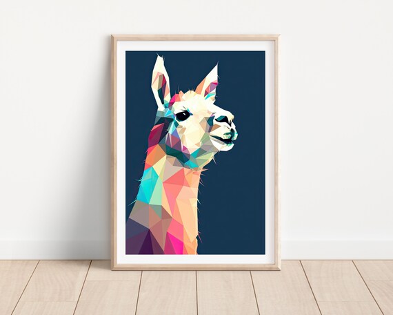 Colorful Geometric Low Poly Llama Portrait Navy Background Print