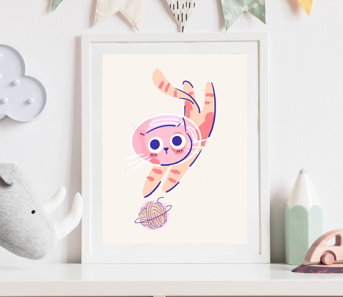 Cute Astronaut Cat In Space Nursery Art Print - Image 2
