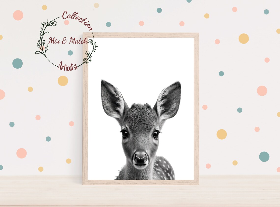 Black And White Baby Deer Fawn Portrait Minimalist Nursery Wall Art