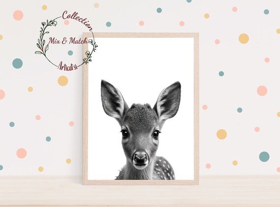 Black And White Baby Deer Fawn Portrait Minimalist Nursery Wall Art