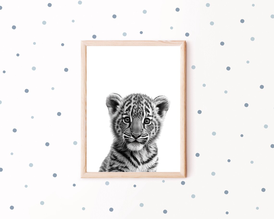 Black And White Baby Tiger Cub Portrait Minimalist Nursery Wall Art - Image 2