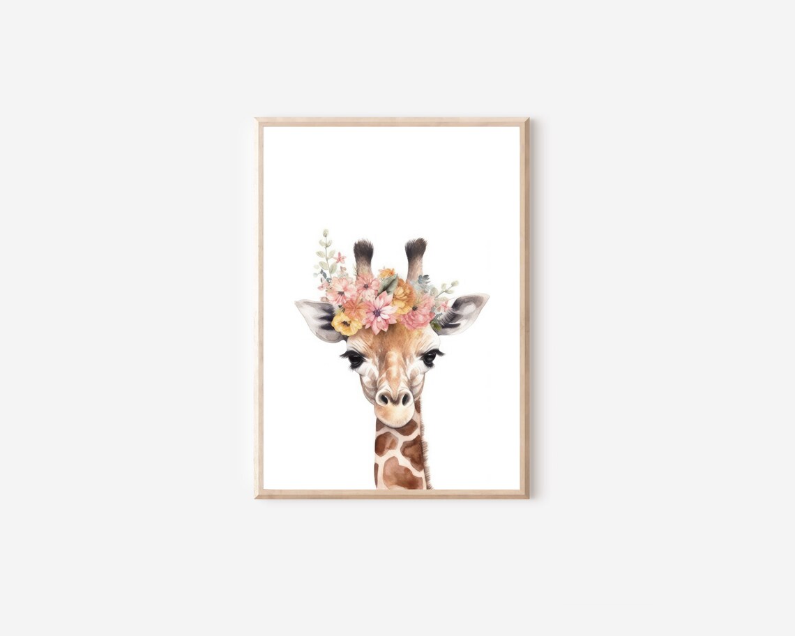 Giraffe Baby Flower Crown Watercolor Safari Nursery Cute Kids Wall Poster - Image 4