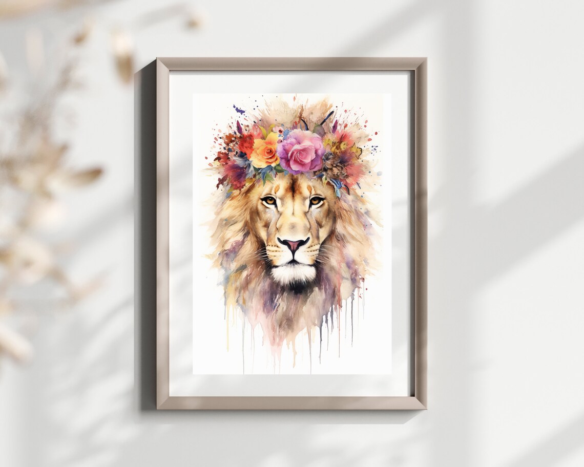 Watercolor Lion with Flower Crown Safari Animal Portrait Poster - Image 2