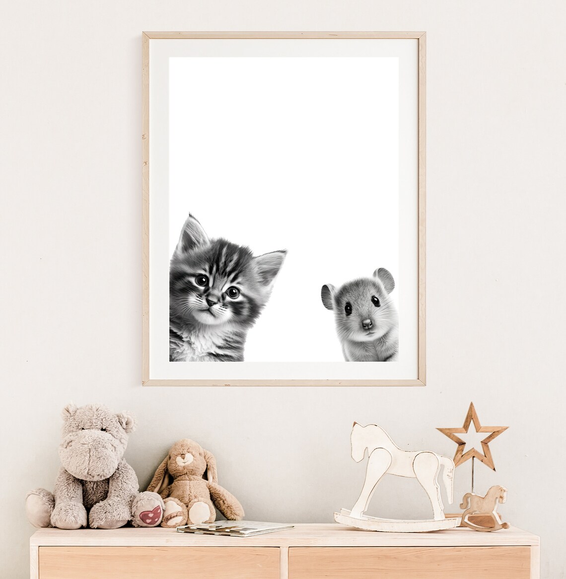 Black And White Baby Cat And Mouse Peeking Nursery Animal Wall Art - Image 2