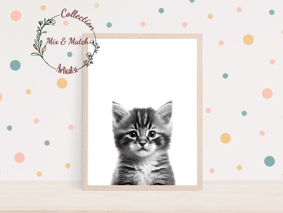 Black And White Kitten Portrait Minimalist Nursery Cat Wall Art