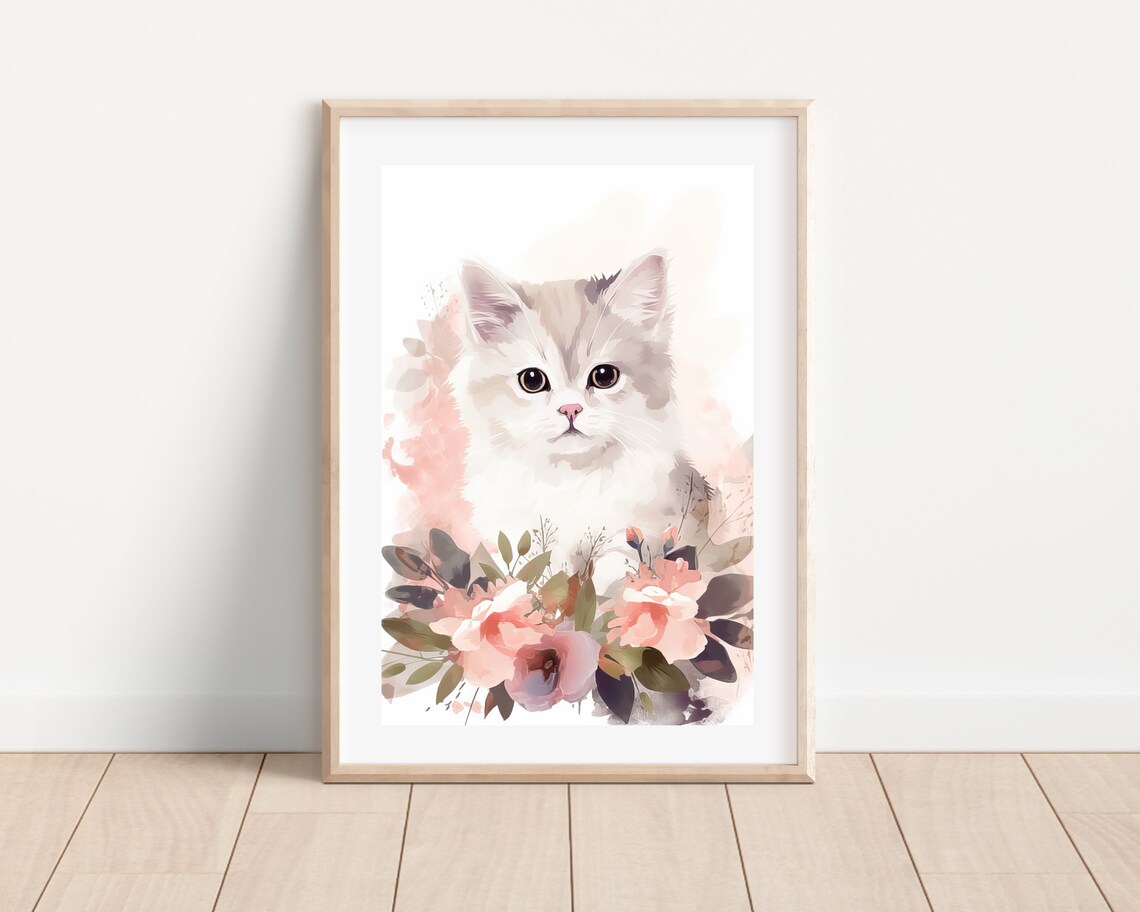 Watercolor White Kitten With Pink Flowers Boho Nursery Cat Wall Art