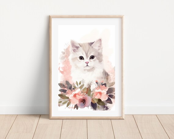 Watercolor White Kitten With Pink Flowers Boho Nursery Cat Wall Art