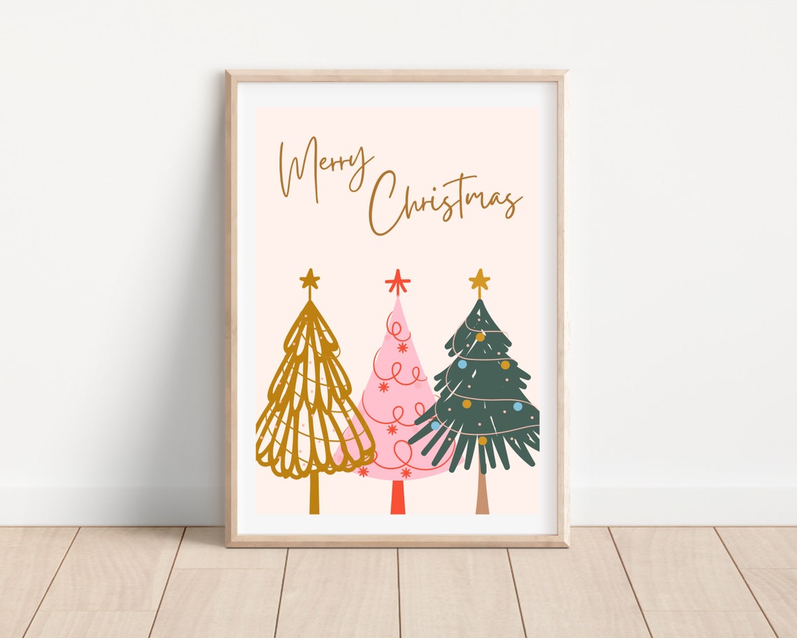 Boho Christmas Tree Art Print, Holiday Wall Decor