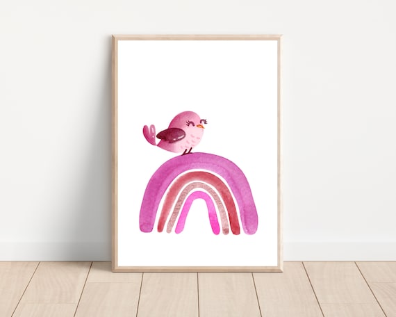 Boho Nursery Bird and Rainbow Art Print