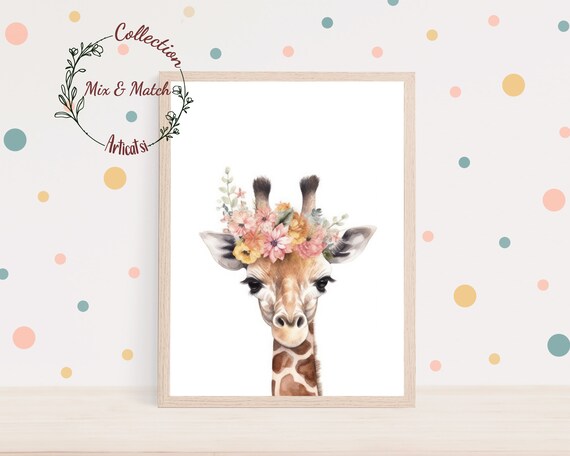 Giraffe Baby Flower Crown Watercolor Safari Nursery Cute Kids Wall Poster
