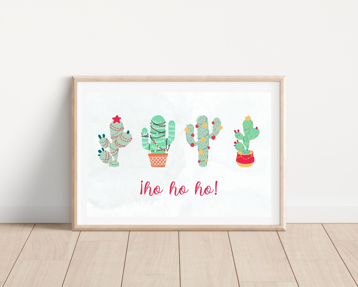 Boho Christmas Cactus Art Print, Holiday Decor
