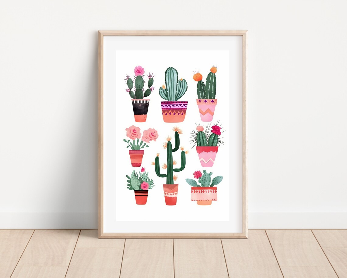 Boho Mini Cactus Art, Bohemian Botanical Decor