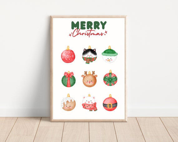 Merry Christmas Tree Ornament Ball Nursery Art Print