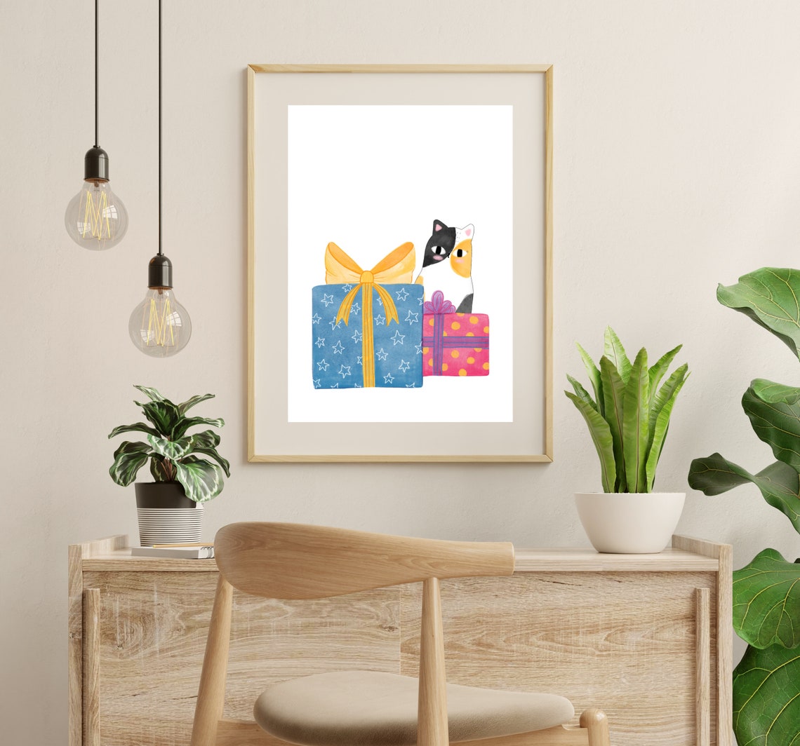 Peekaboo Christmas Cat With Gifts Holiday Art Print - Image 3