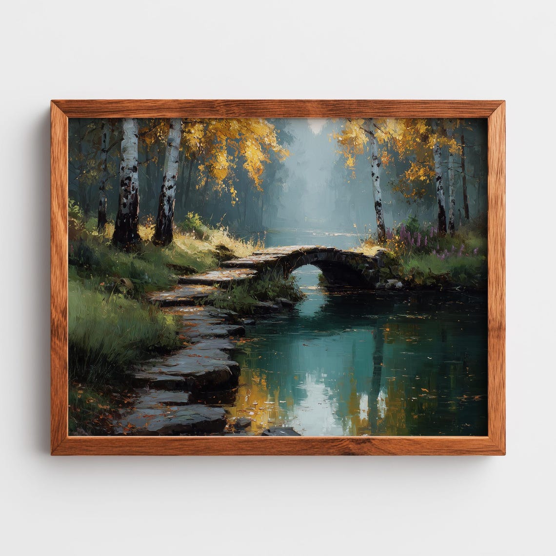 Autumn Birch Forest Stone Bridge Stream Impressionist Art Poster