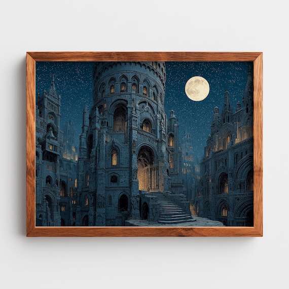 Moody Gothic Cathedral At Night Hyperdetailed Lithograph Moonlit Architecture Print Rustic Vintage Wall Art Decor 9