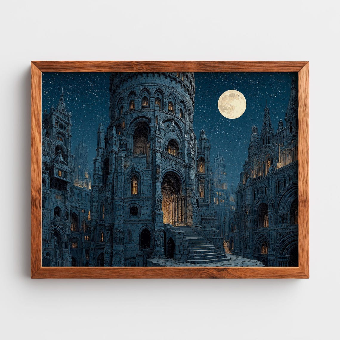 Moody Gothic Cathedral At Night Hyperdetailed Lithograph Moonlit Architecture Print Rustic Vintage Wall Art Decor 9